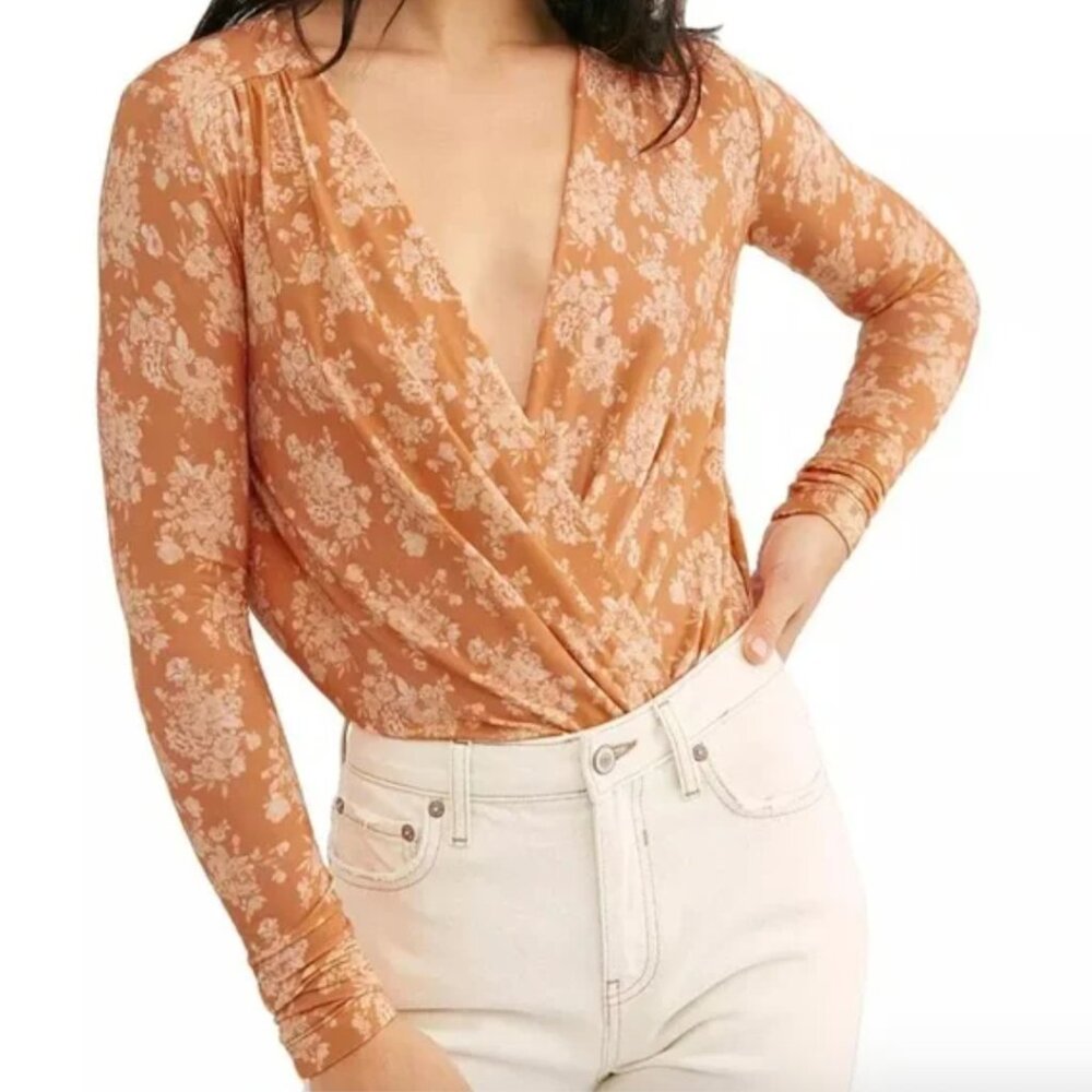 Free People Orange and White Floral Long Sleeve Turnt Bodysuit - Size M